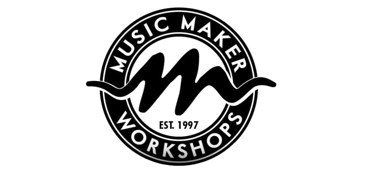 A black and white logo of the music maker workshops.