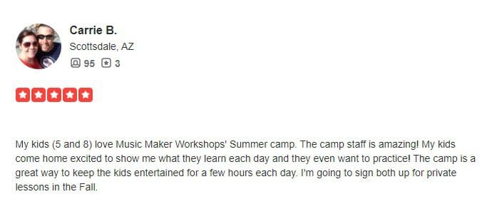 A person 's testimonial for the maker workshops ' summer camp.