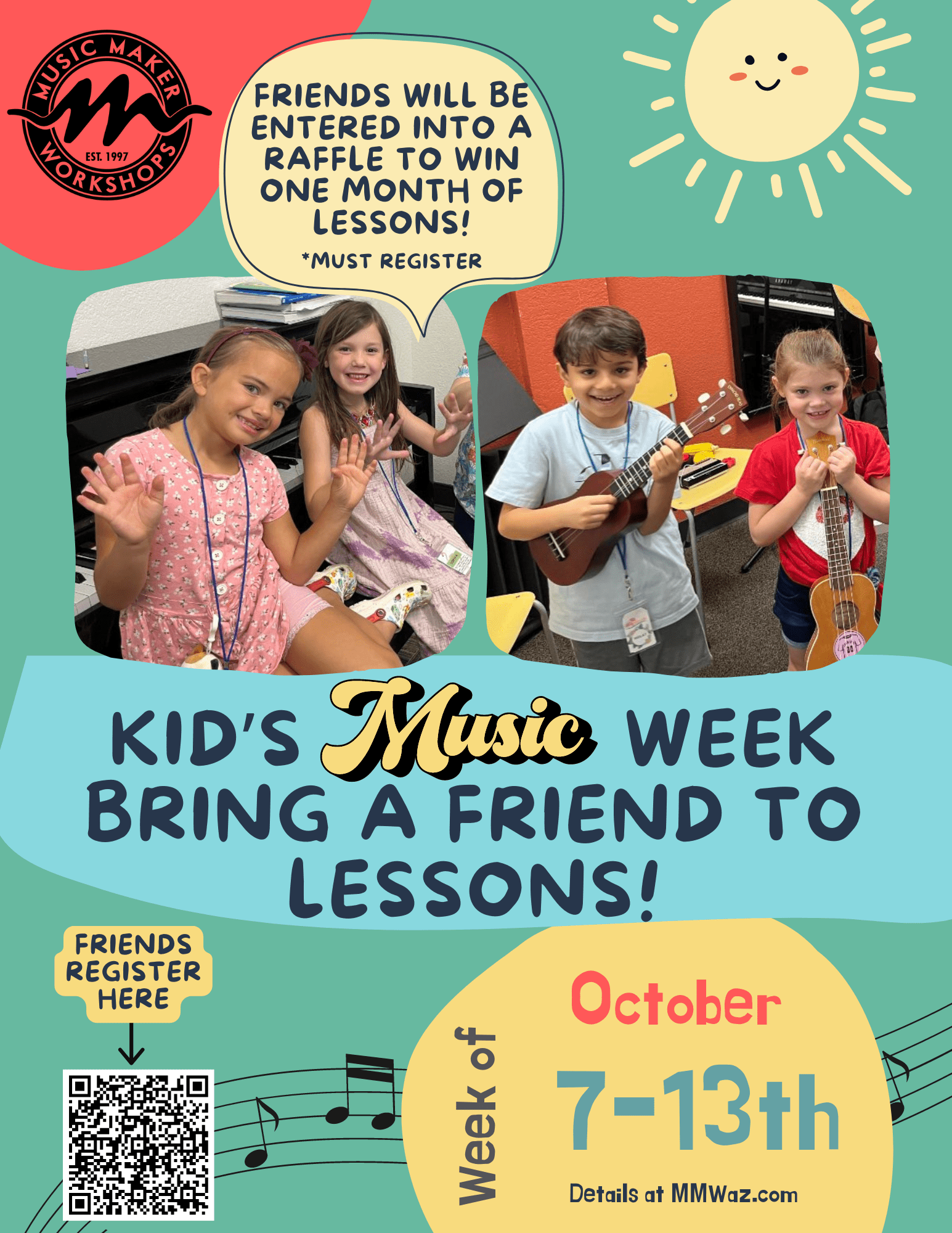 A flyer for kid 's music week with pictures of children and instruments.