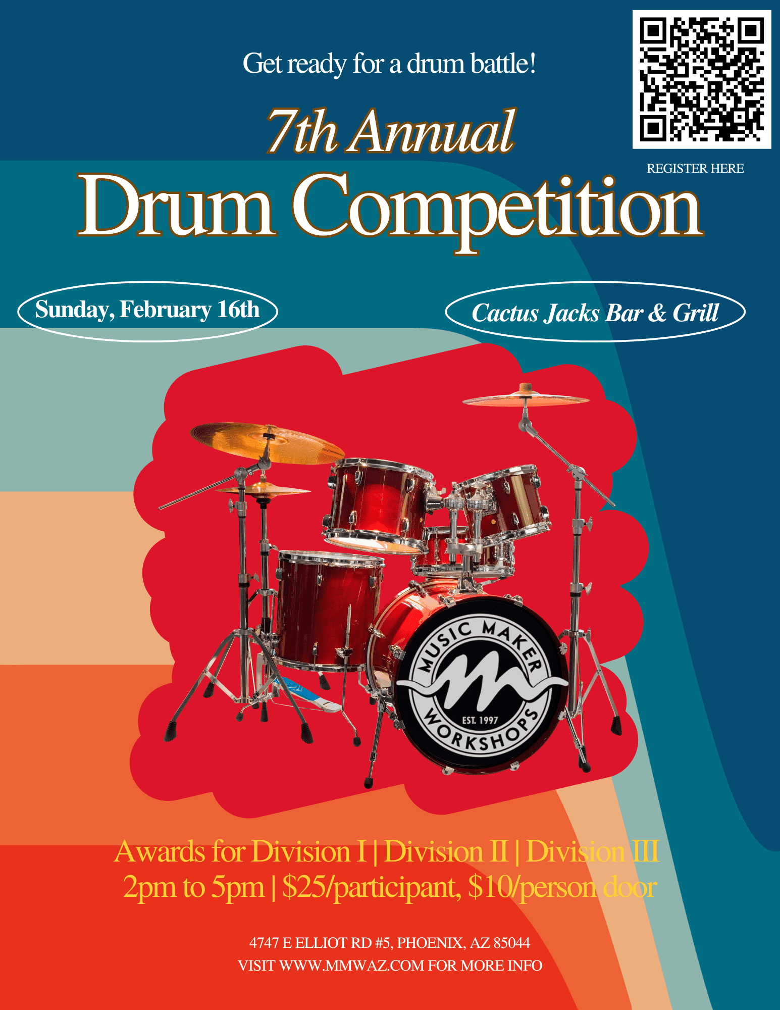 A poster of a drum competition with a picture of a red and black drum kit.