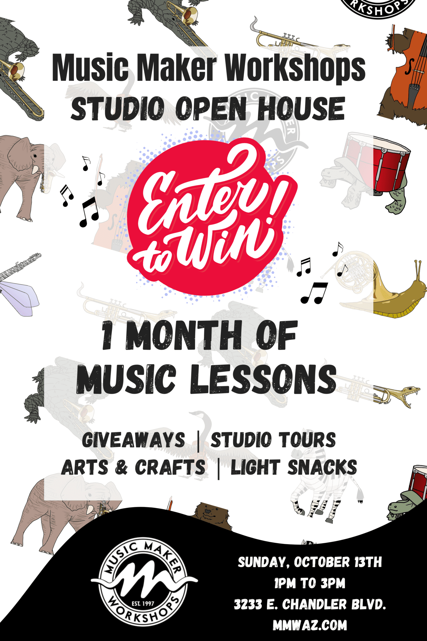 A poster with various musical instruments and the words " studio open house " written in red lettering.