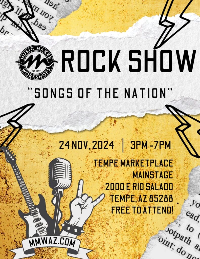 A poster for the rock show with a guitar and microphone.