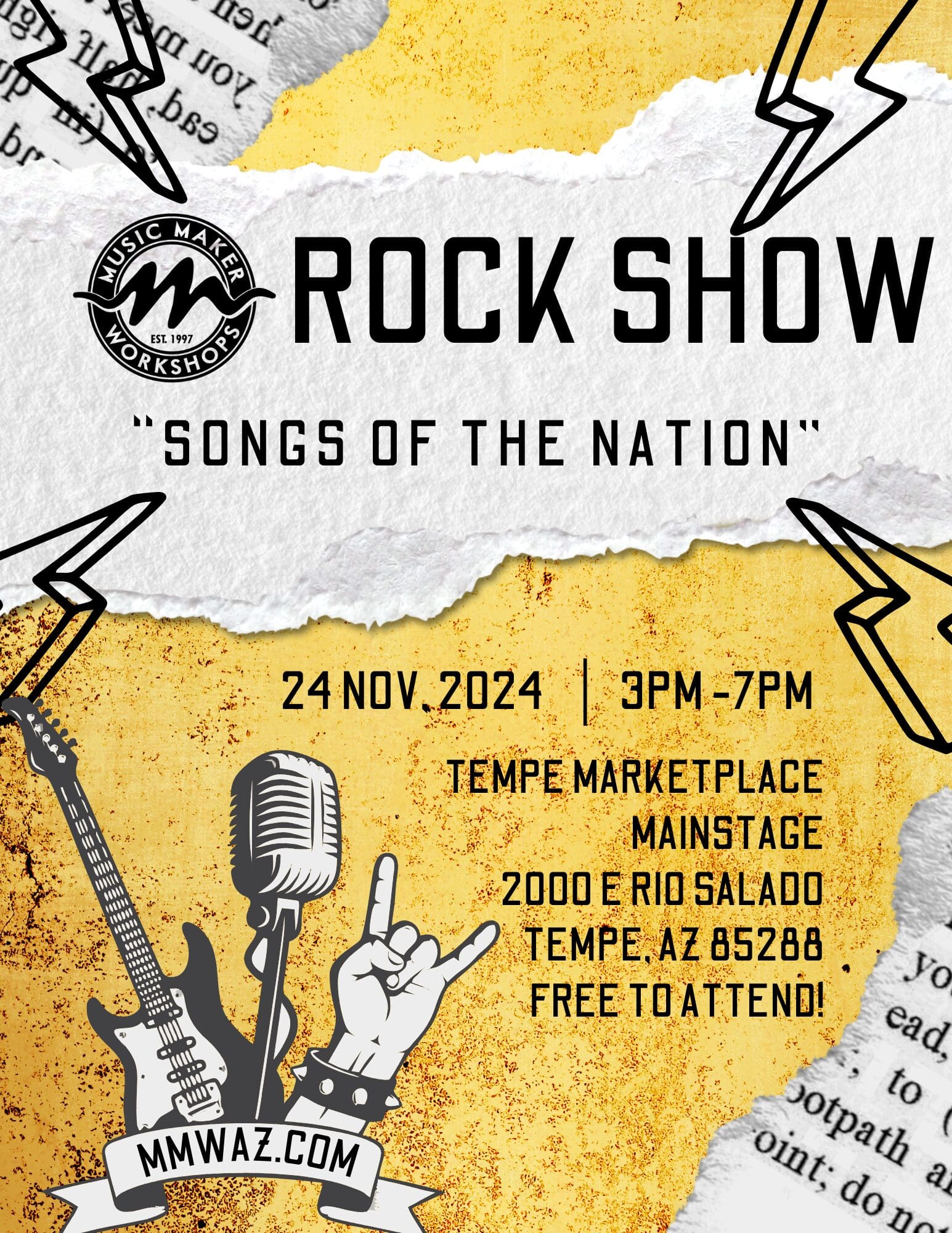 A poster for the rock show with a guitar and microphone.