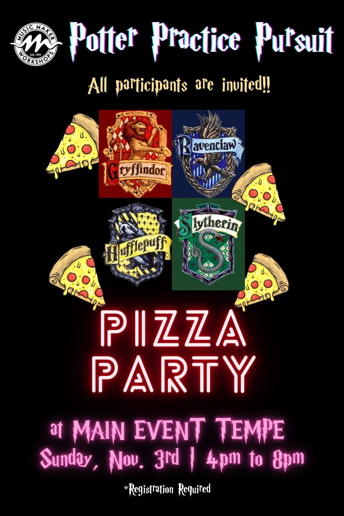 A neon sign that says pizza party in main event tempe.