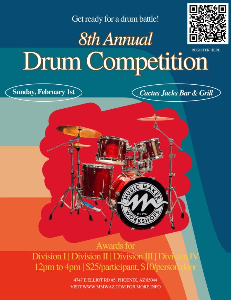 Colorful poster for the 8th Annual Drum Competition with a red drum set illustration.